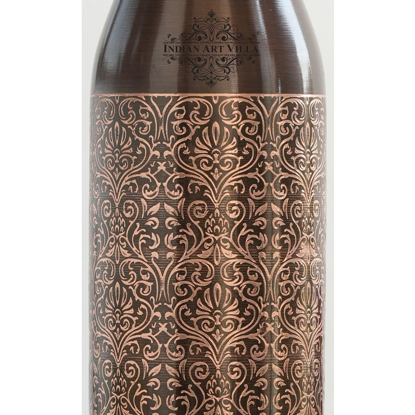 INDIAN ART VILLA 100% Pure Copper Water Bottle, Antique Dark Embossed Design, Ayurvedic Vessel for Yoga & Health, 900ml