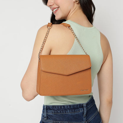 Fastrack Sling | Faux-Leather Women’s Handbag | Structured Tan Sling with Gold Accent Strap & Dual Closure