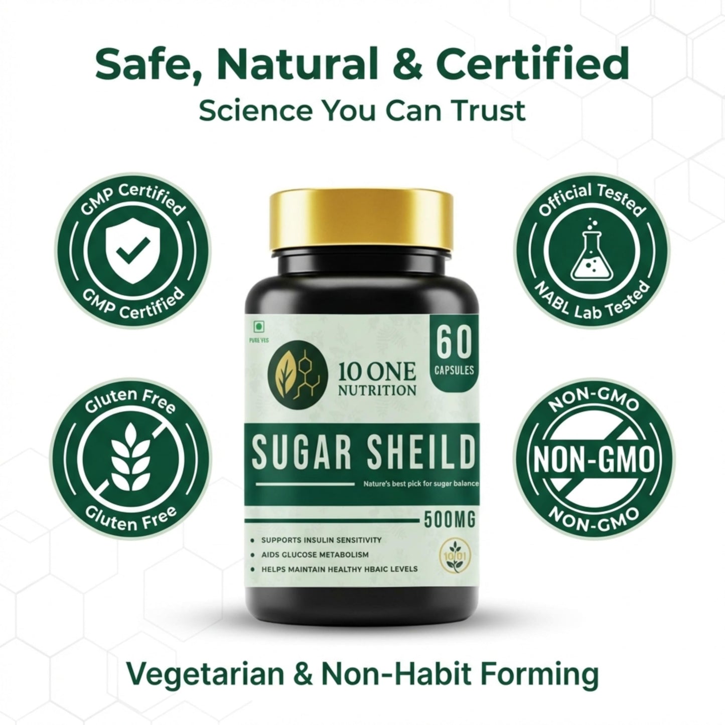 10 One Nutrition Sugar Shield 500mg | Helps Manage Blood Sugar Levels With Karela, Jamun & Gudmar & 8 more herbs | 100% Ayurvedic Capsule with Powerful Herbs | 60 Veg Capsules