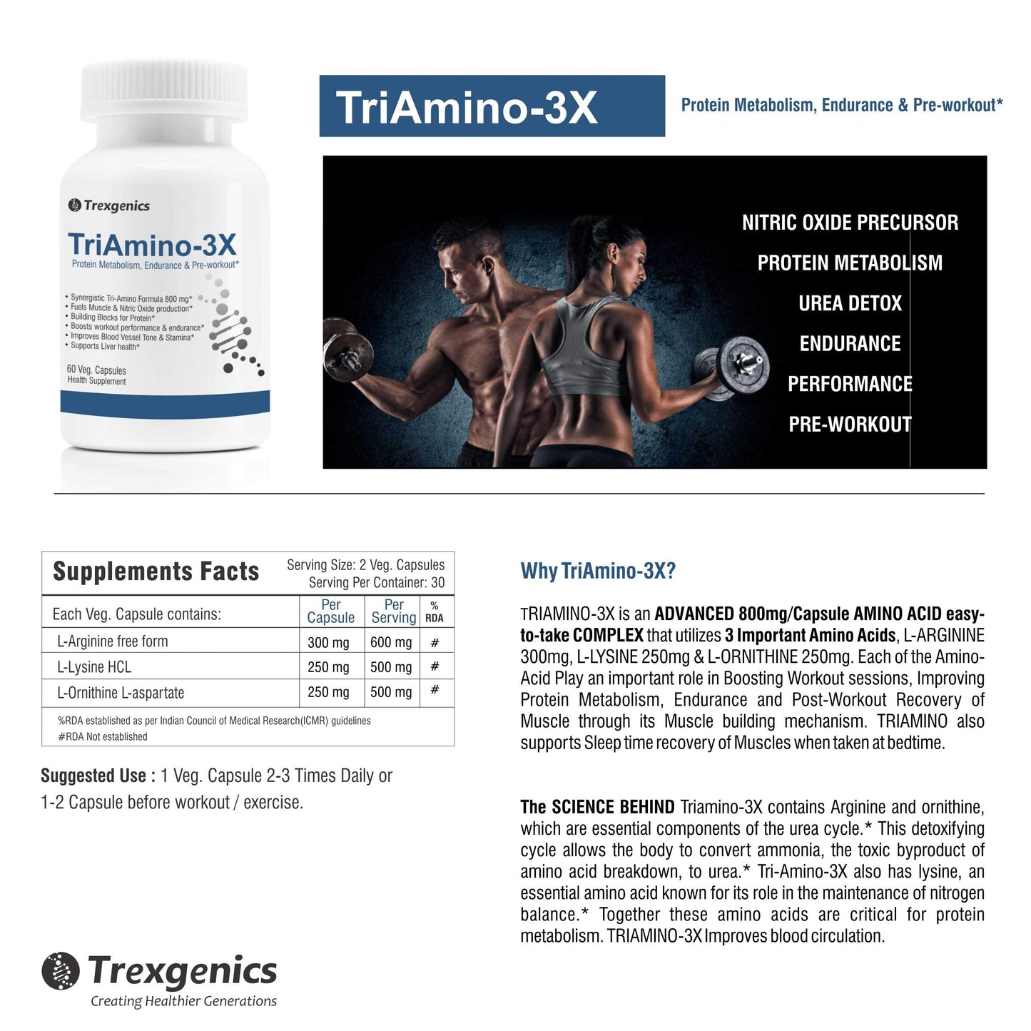 Trexgenics TRIAMINO-3X Advanced Nitric Oxide Precursor, Protein Metabolism, Endurance, Recovery, Blood Circulation and Pre-Workout, 250 Mg/Capsule (60 Veg. Capsules)