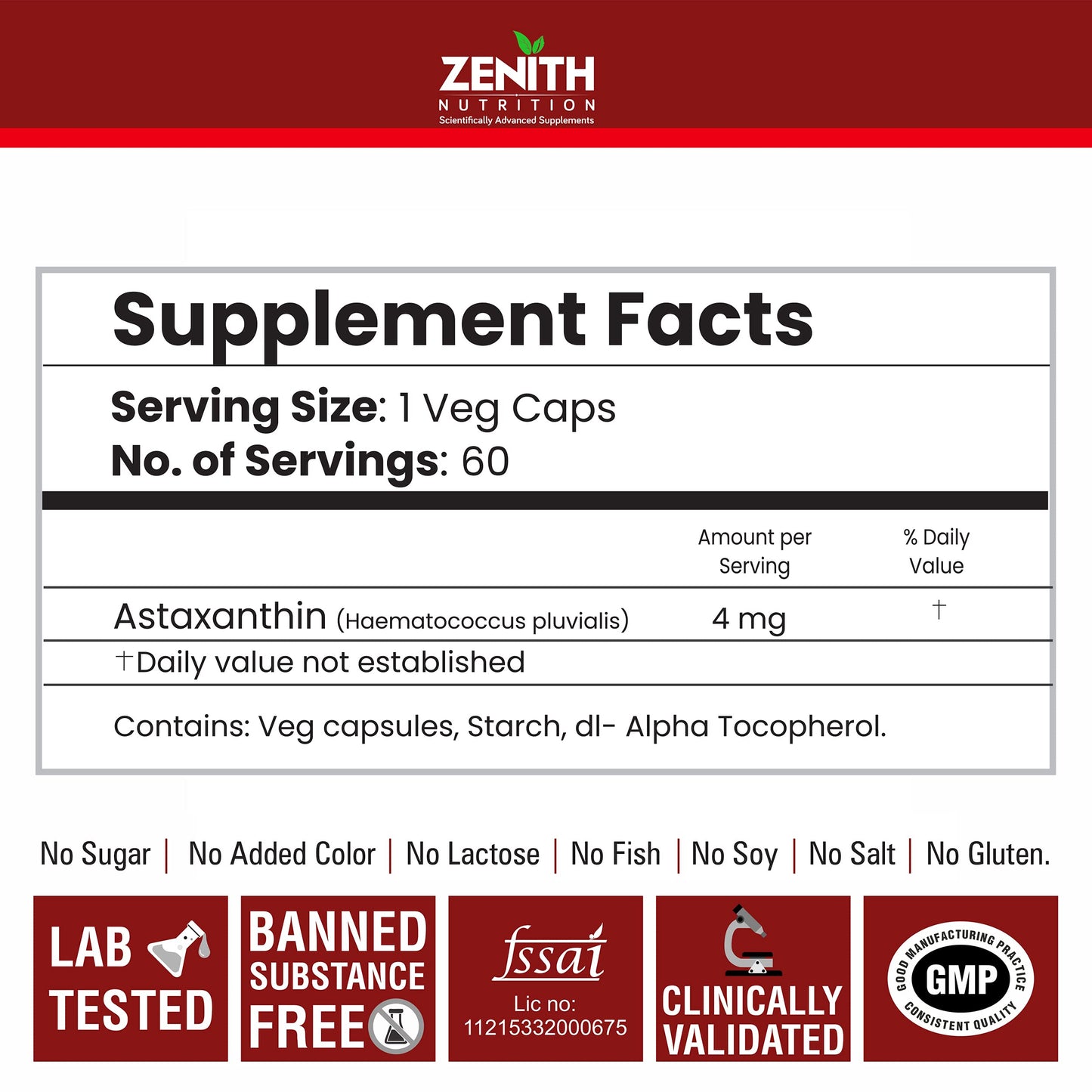 Zenith Nutrition Astaxanthin 4mg 60 capsules | Super Antioxidant | Supports Healthy Skin & Eyes | Enhances immunity