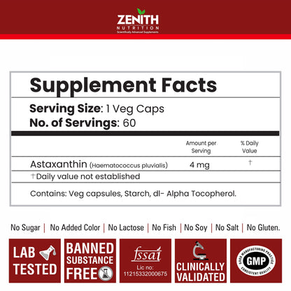 Zenith Nutrition Astaxanthin 4mg 60 capsules | Super Antioxidant | Supports Healthy Skin & Eyes | Enhances immunity