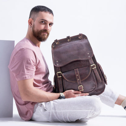 Handmade World Vintage Full Grain 21 Inch Leather Laptop LARGE Backpack Casual Bookbag Daypack Travel Rucksack (Brown)