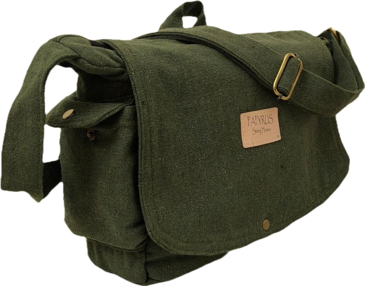 PAPYRUS String Homes Unisex PAPYRUS Handmade Messenger Bag/Pure Cotton Canvas/Brass Zipper/Antique Color Metal Fittings/Washable/Longlasting (OLIVE GREEN, MEDIUM LARGE)