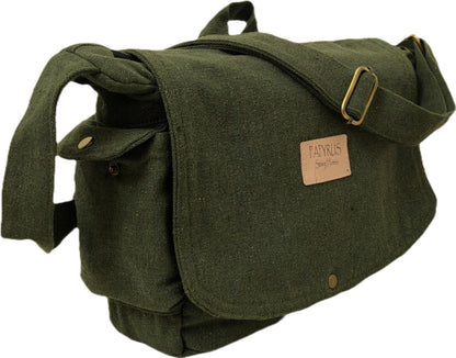 PAPYRUS String Homes Unisex PAPYRUS Handmade Messenger Bag/Pure Cotton Canvas/Brass Zipper/Antique Color Metal Fittings/Washable/Longlasting (OLIVE GREEN, MEDIUM LARGE)