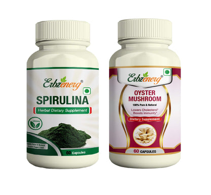 ERBZENERG® Spirulina (Arthrospira platensis) 60 Capsules and Oyster Mushroom 60 Capsules (Pack of 1)