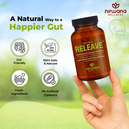 Nirwana Releave Capsule For Constipation,Gas,Acidity & Bloating Relief|Natural Herbal Gut Cleanse & Detox|Improves Digestion,Clean & Lubricate Bowel|100% Herbal Formula|90Capsules