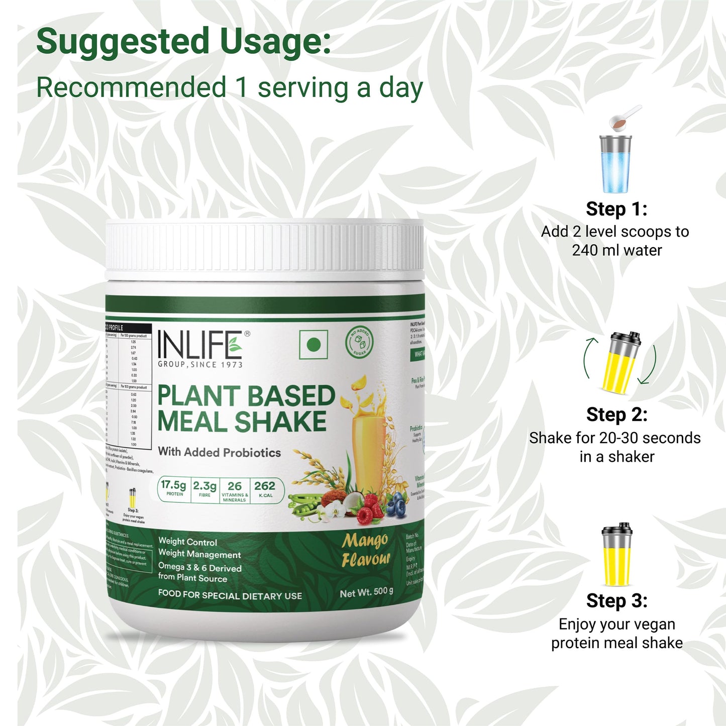 INLIFE Plant Based Meal Replacement Shake | Plant Protein Powder (17.5g Protein), Lactose Free | Added Probiotics, 500g (Mango)