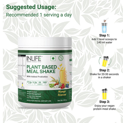 INLIFE Plant Based Meal Replacement Shake | Plant Protein Powder (17.5g Protein), Lactose Free | Added Probiotics, 500g (Mango)