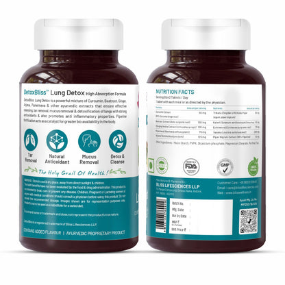 Bliss Welness Lung Detox,Curcumin Stinging Nettle Arjuna Vasaka Beetroot Punerneva Trikatu Kateri Echinecea Piperine,Repair Pollution Damage Cleanse Respiratory Support Tar-60 Vegetarian Tablets