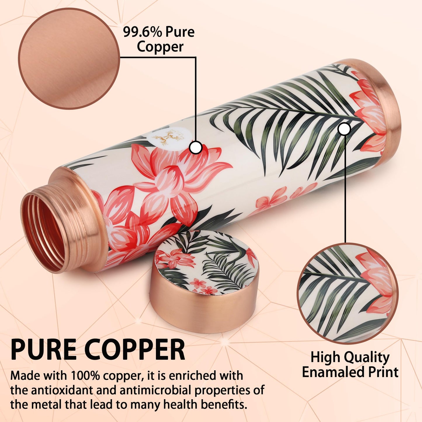 MERCAPE® - Copper Bottles for Water with Leak Proof Lid | 100% Pure Copper Bottle | BPA Free & Non Toxic | Printed Ayurvedic Copper Bottle for Health Benefits - 950 ML