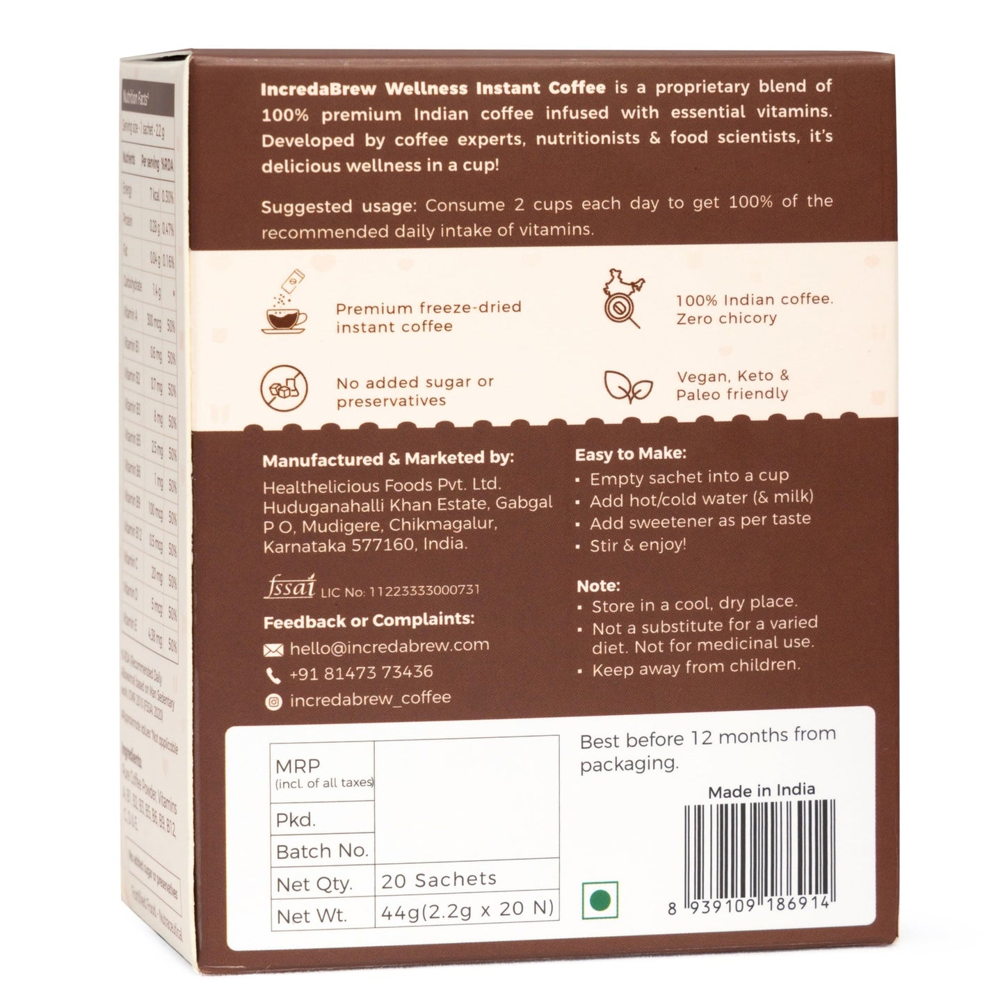 IncredaBrew Wellness Instant Coffee Powder - 20 Cups, Vitamin Rich Diet Coffee for Hot/Cold Coffee, Milk/Black Coffee | 20 x 2.2g Instant Coffee Sachets