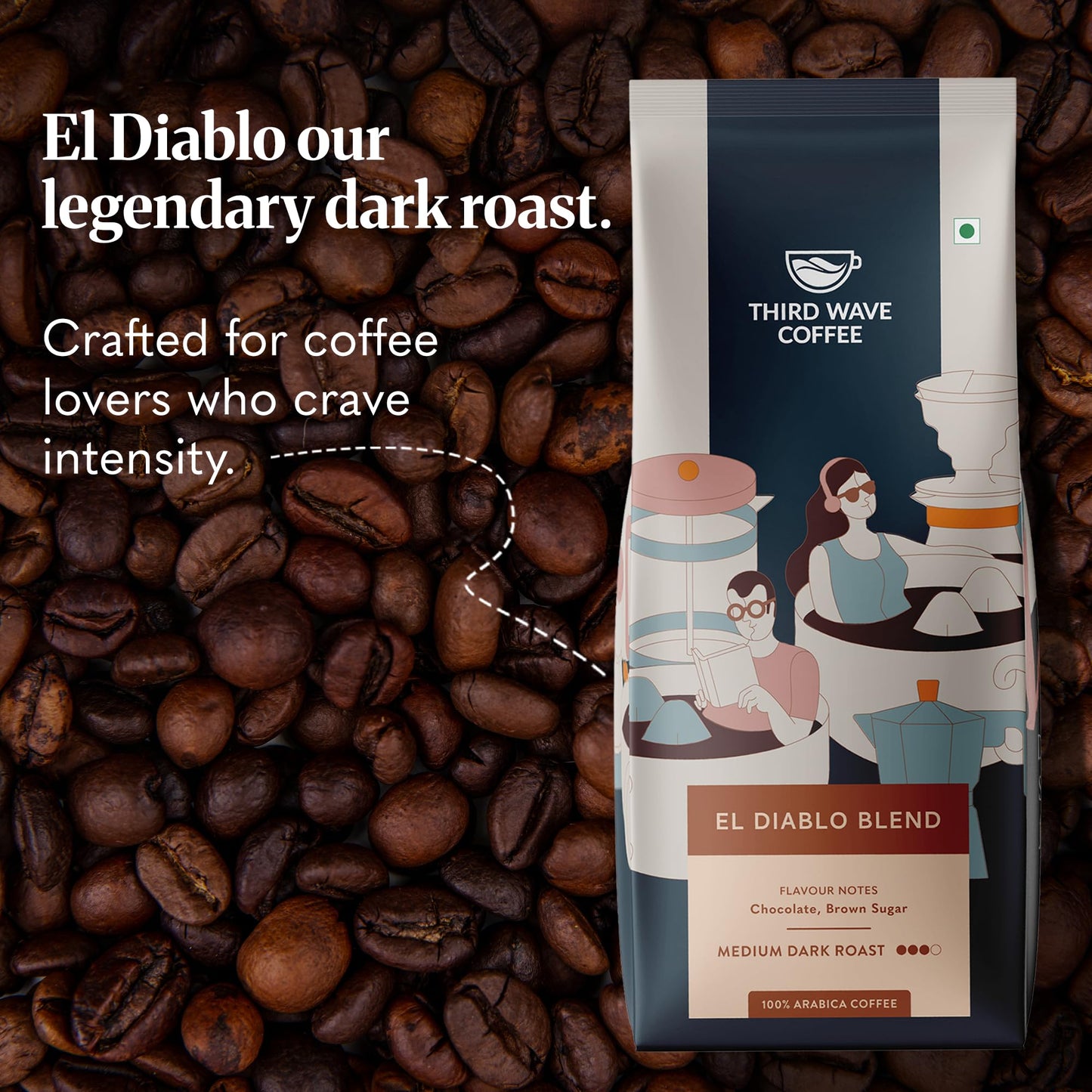 THIRD WAVE COFFEE | El Diablo | 100% Arabica | Medium Dark Roast | Moka Pot | Fine Grind | 250 grams | Pouch