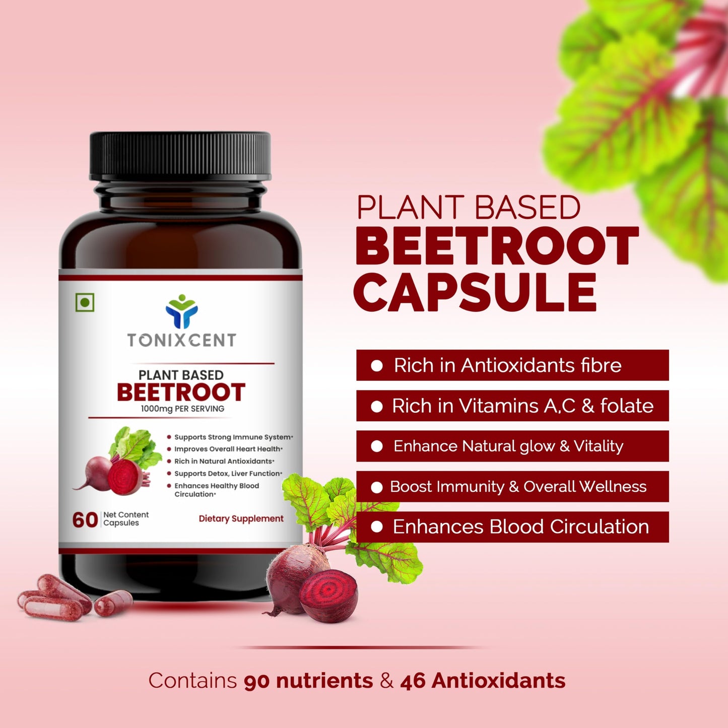 TONIXCENT Daily Detox Duo | Garlic 650mg & Beetroot 1000mg Capsules Combo | Supports Cholesterol, Blood Pressure & Circulation | Odorless Formula with Nitrates & Antioxidants | 60+60 Veg Capsules