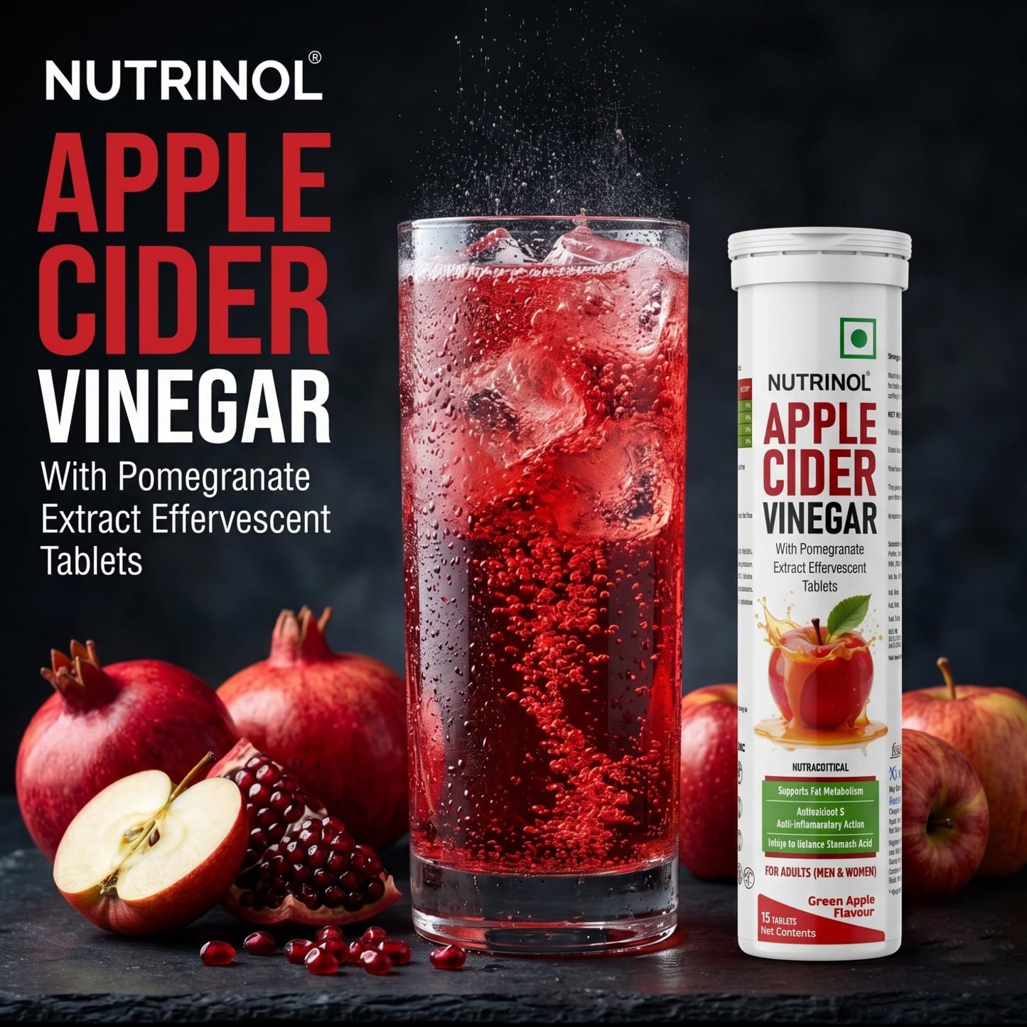 Knoll Healthcare Nutrinol Apple Cider Vinegar (ACV) Effervescent Tablets 500mg | Metabolism Booster & Appetite Control Support Vitamin B6 & B12 No Added Sugar | For Men & Women | 15 Tablets