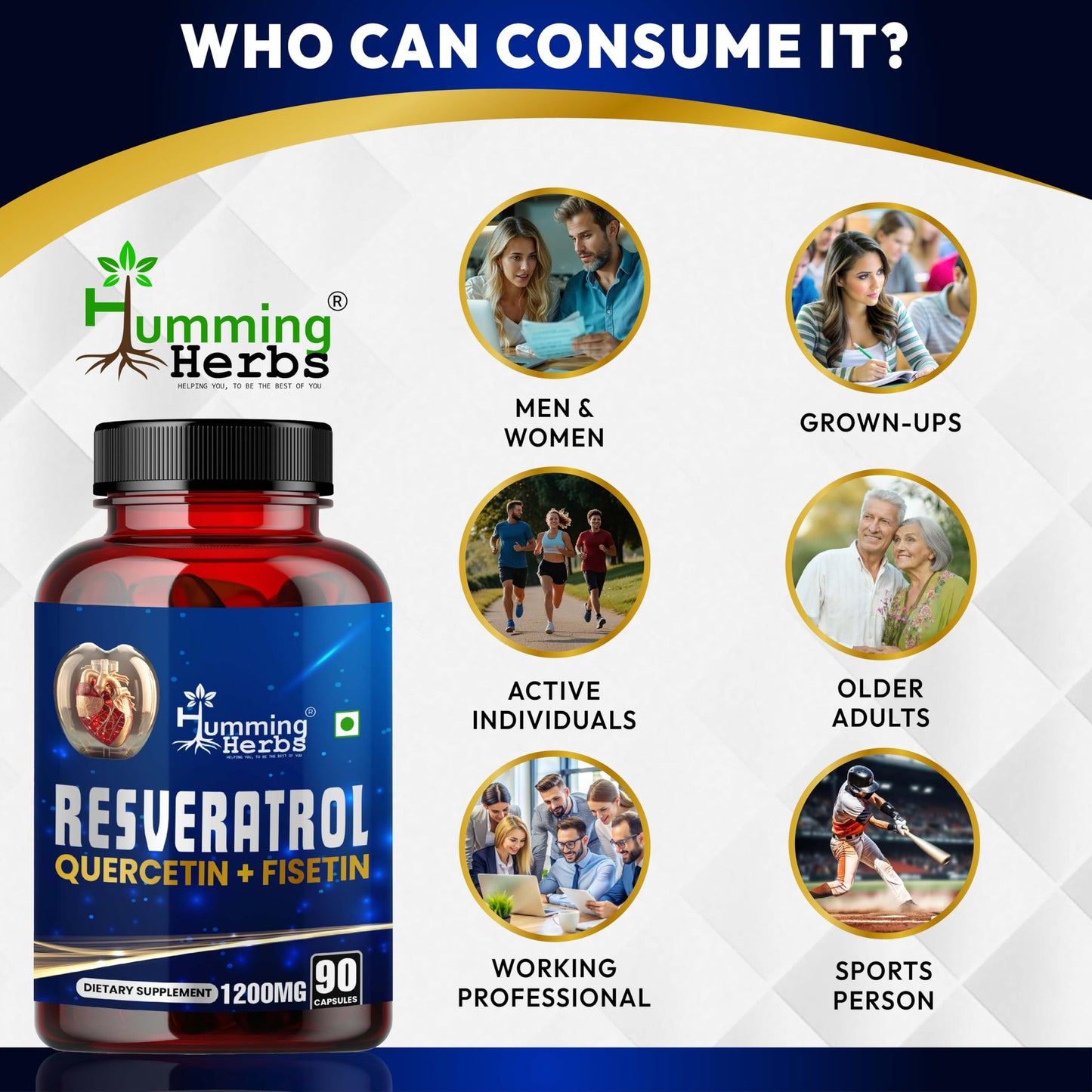 Humming Herbs Resveratrol Supplement 1200mg – 5-in-1 Formula with Quercetin, Fisetin, Spermidine & Vitamin D3 – 90 Capsules