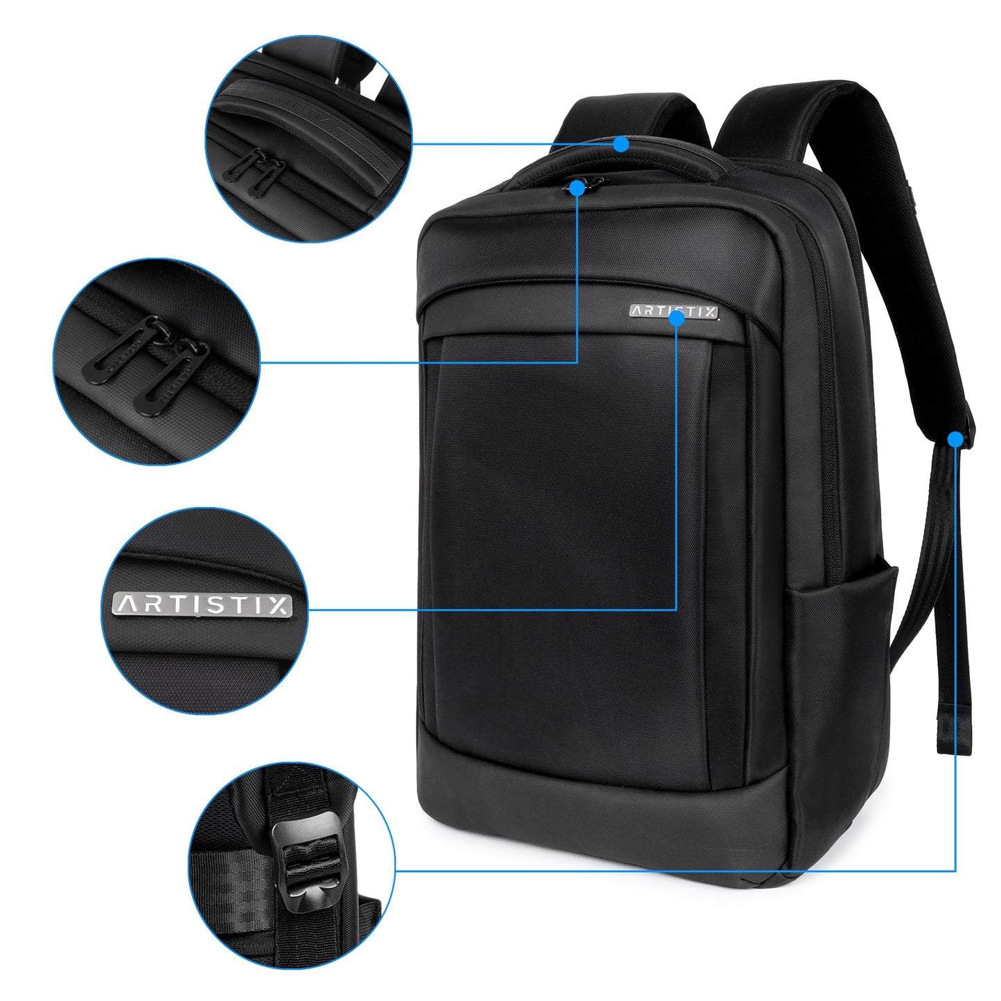 Artistix TechEssence Premium Business Backpack 28 L Office Travel Laptop Bag with 15.6 Inch Laptop Compartment Multiple Pockets Comfortable and Padded Backpack, Black