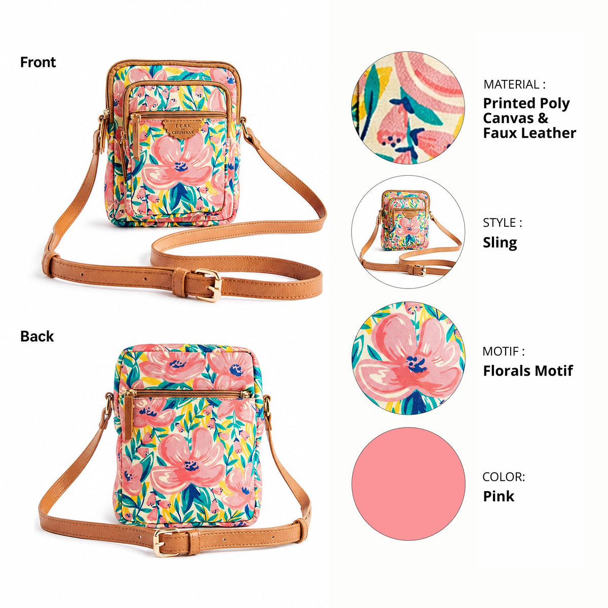 TEAL BY CHUMBAK Women's Crossbody Sling Bag, Printed Canvas Box Bag with PU Accents, Zipper Closure, Compact and Stylish Daily Use Shoulder Bag for Office, College, Travel and Casual Outings
