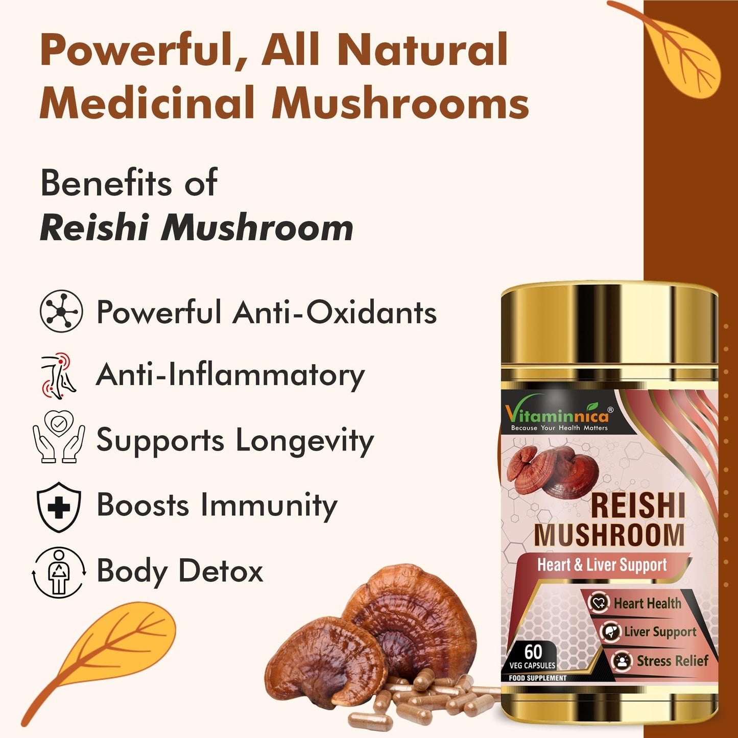Vitaminnica Reishi Mushroom 60 Vegan Capsules Nootropics | Improves Sleep & Relaxation (500mg)