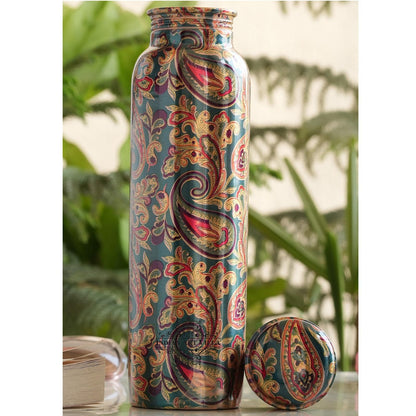 INDIAN ART VILLA Pure Copper Printed Water Bottle With Seaweed Paisley Design, Drinkware & Storage Purpose, Ayurvedic Health Benefits, Volume-1000 ml