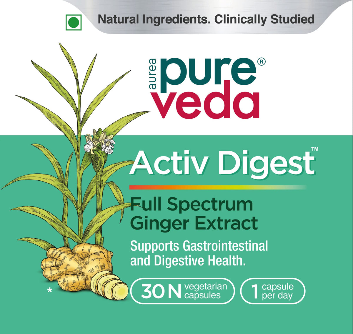 Pureveda Activ Digest - Full Spectrum Ginger Extract Capsule - Natural Digestion Supplement - Improve Gastrointestinal Health - 30 Veg Capsules
