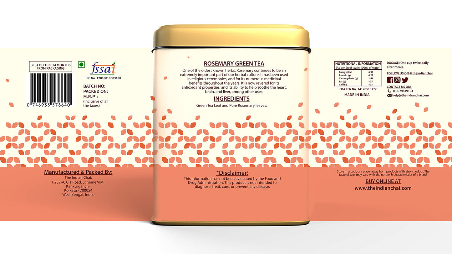 The Indian Chai - Rosemary Green Tea 100g | Herbal Infusion for Memory, Digestion, Water Retention & Metabolism Support | Loose Leaves