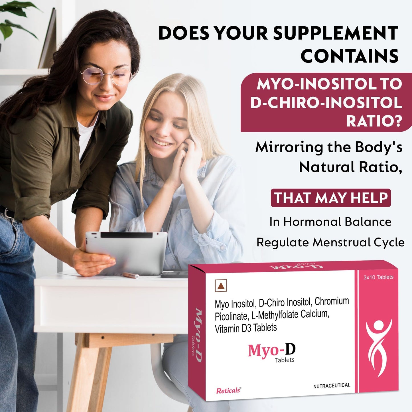 Reticals PCOS, PCOD management for women- Myo-inositol, D-Chiro Inositol, L-Methylfolate Vitamin D3, Chromium picolinate, Pack of 30 Tablets