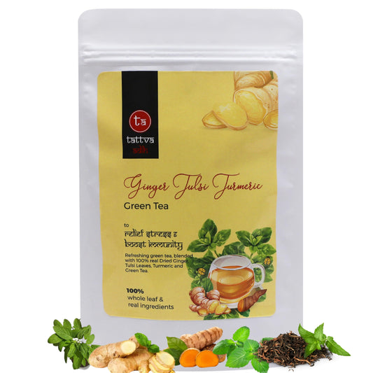 Tattva Adih Ginger Tulsi Turmeric Green Tea 100g 60+ Cups | For Immunity Boosting, Digestion and Sore Throat | 100% Whole Leaf green Tea (100 grams (Ziplock Pouch))