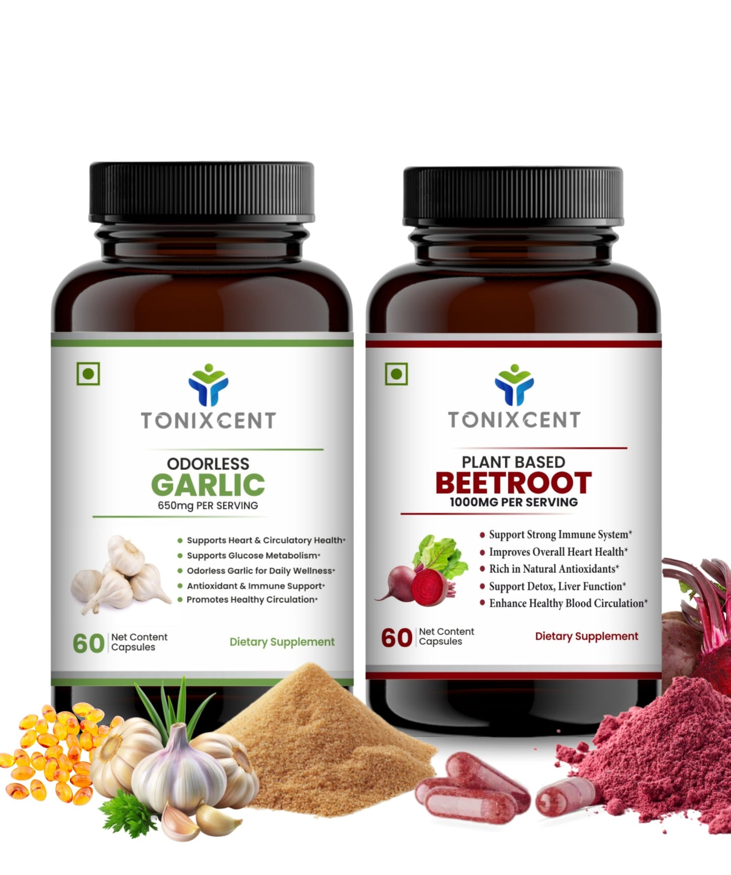 TONIXCENT Daily Detox Duo | Garlic 650mg & Beetroot 1000mg Capsules Combo | Supports Cholesterol, Blood Pressure & Circulation | Odorless Formula with Nitrates & Antioxidants | 60+60 Veg Capsules