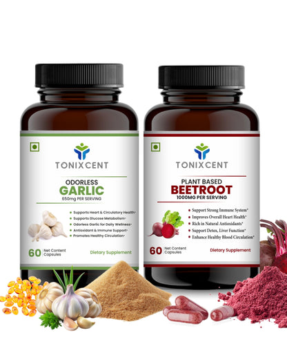 TONIXCENT Daily Detox Duo | Garlic 650mg & Beetroot 1000mg Capsules Combo | Supports Cholesterol, Blood Pressure & Circulation | Odorless Formula with Nitrates & Antioxidants | 60+60 Veg Capsules