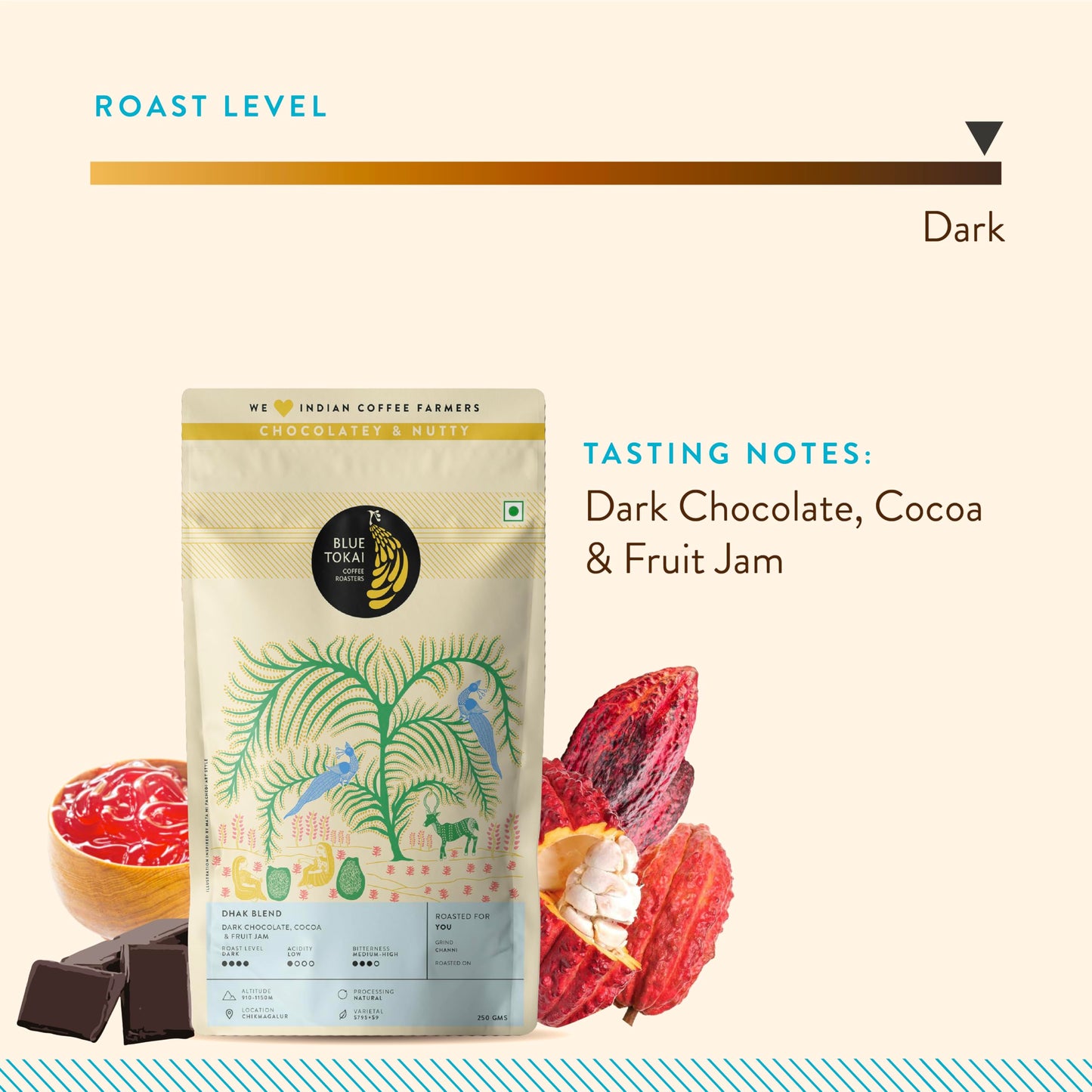 Blue Tokai Coffee Roasters Dhak Blend - Dark Roast | Whole Bean 1Kg Pouch | Premium Coffee Blend | 100% Arabica Beans | Specialty Coffee | Freshly Roasted Coffee