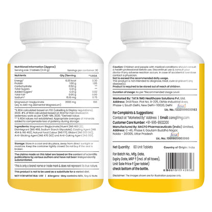 Tata 1mg Magnesium Glycinate Tablets |2000mg | High Absorption Chelated form for Muscle Recovery, Sleep & Nerve Health | 2000mg Per Serving – 60 Veg Tablets
