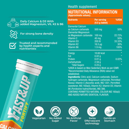 FAST&UP Fortify - Calcium with Essential Vitamin D3 for Complete Health Support - Vitamin D3, Calcium & Magnesium Combination (20 Effervescent Tablets, Orange Flavour), 1 count, 20 capsules