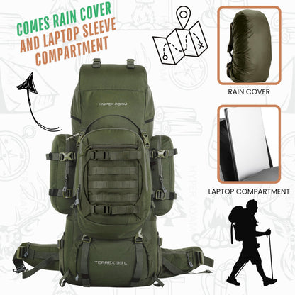 Hyper Adam 95 Ltr Rucksack With Detachable Hiking Backpack & Rain Cover for Trekking & Travelling | Mountain Bags For Men & Women| Backpack Military Grade Made With 3 Year Warranty (Military Green)
