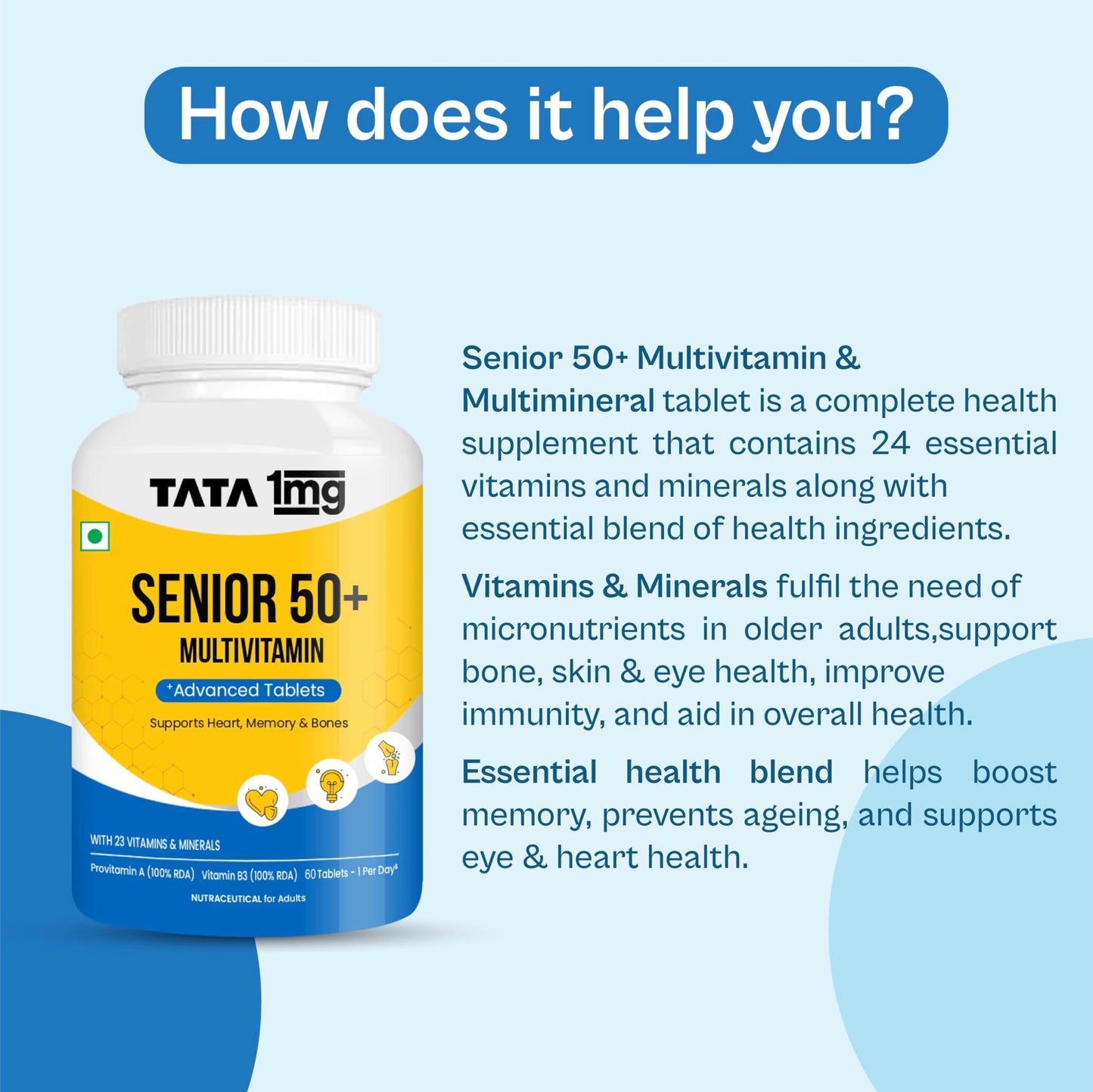 TATA 1mg Senior 50+ Multivitamin & Multimineral Veg Tablet with Calcium for Bone, Skin, Eye, Immunity, Heart & Joints, For Men & Women, Non-GMO & No Added Preservatives (Pack Of 60)