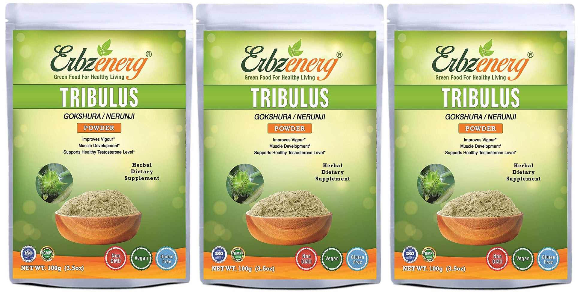 ERBZENERG Gokshura (Tribulus terrestris) Powder – 100g x 3, Pack of 3