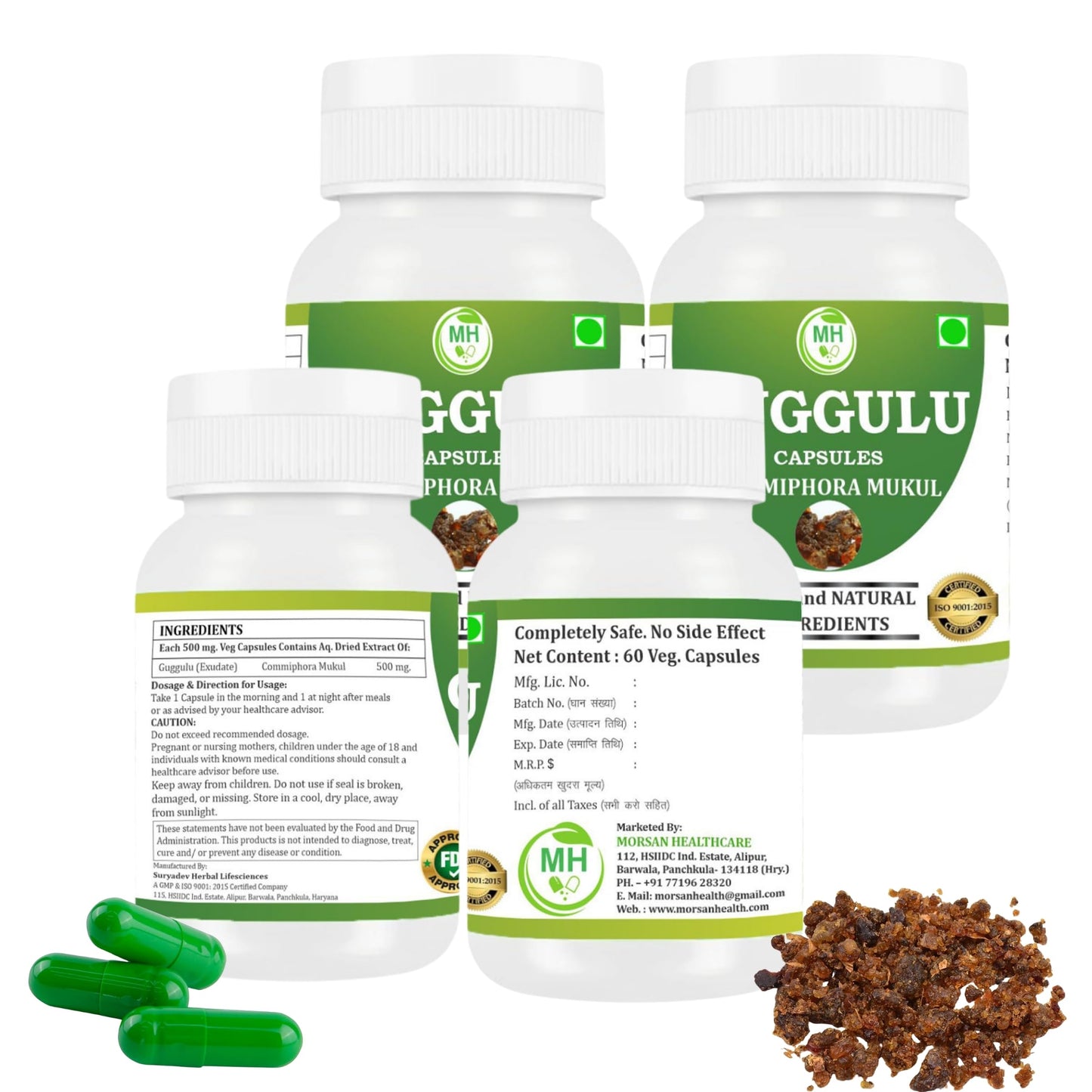 MORSAN HEALTHCARE | Guggulu Capsules 500mg – 60 Count | 4 Pack | Vegetarian | Plant-Based | Herbal Supplement | No Artificial Additives | Gluten-Free | Organic | Commiphora wightii |