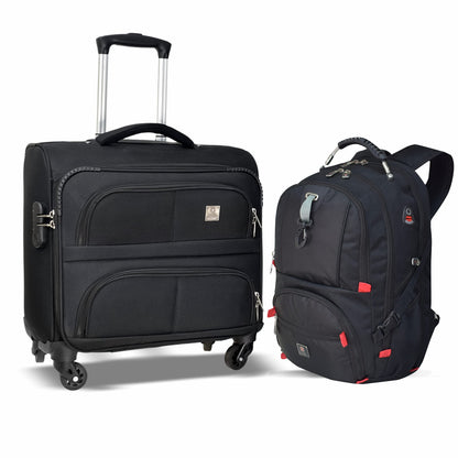 Swiss Military Combo of Luggage Bag, Soft-Sided Trolley Bag, Cabin Luggage, 3 Dial Lock, 43 cms, 32L, Black & Laptop Backpack with USB Charging Port, Travel Backpack for Men, 31L, Black & Red, 1
