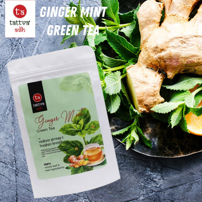 Tattva Adih Ginger Mint Green Tea 100g 60+ Cups | Aids Digestion | Refreshing Whole Green Tea & Natural Ginger Mint (100 grams (Ziplock Pouch))