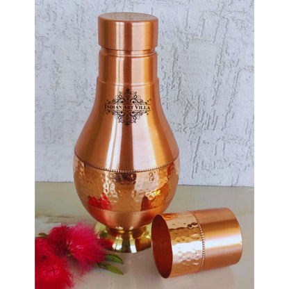 INDIAN ART VILLA Pure Copper Bedroom Water Bottle with Inbuilt Glass, Surahi Design with Brass Bottom - Half Hammered Finish, Volume 925 ml (Pack of 1)