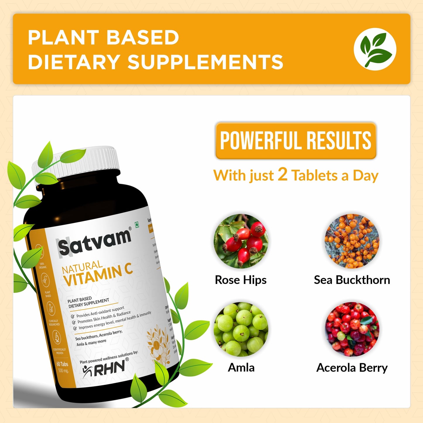 SATVAM Natural Vitamin C Tablets – 100% Organic, Plant Based, Antioxidant, Supports Immunity & Skin Health – 60 Tablets x 500mg, With Rose Hip, Sea Buckthorn, Acerola Berry, Amla – FSSAI Licensed