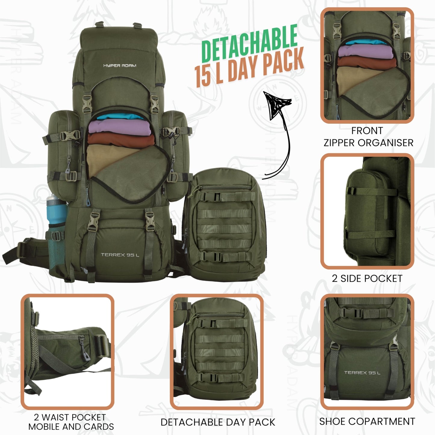 Hyper Adam 95 Ltr Rucksack With Detachable Hiking Backpack & Rain Cover for Trekking & Travelling | Mountain Bags For Men & Women| Backpack Military Grade Made With 3 Year Warranty (Military Green)