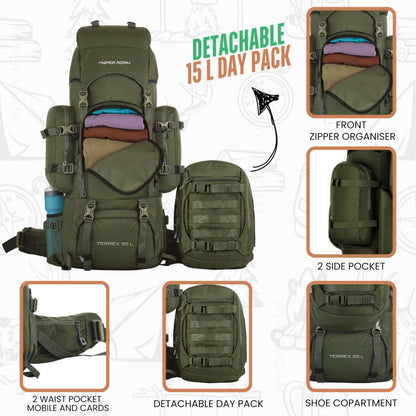 Hyper Adam 95 Ltr Rucksack With Detachable Hiking Backpack & Rain Cover for Trekking & Travelling | Mountain Bags For Men & Women| Backpack Military Grade Made With 3 Year Warranty (Military Green)