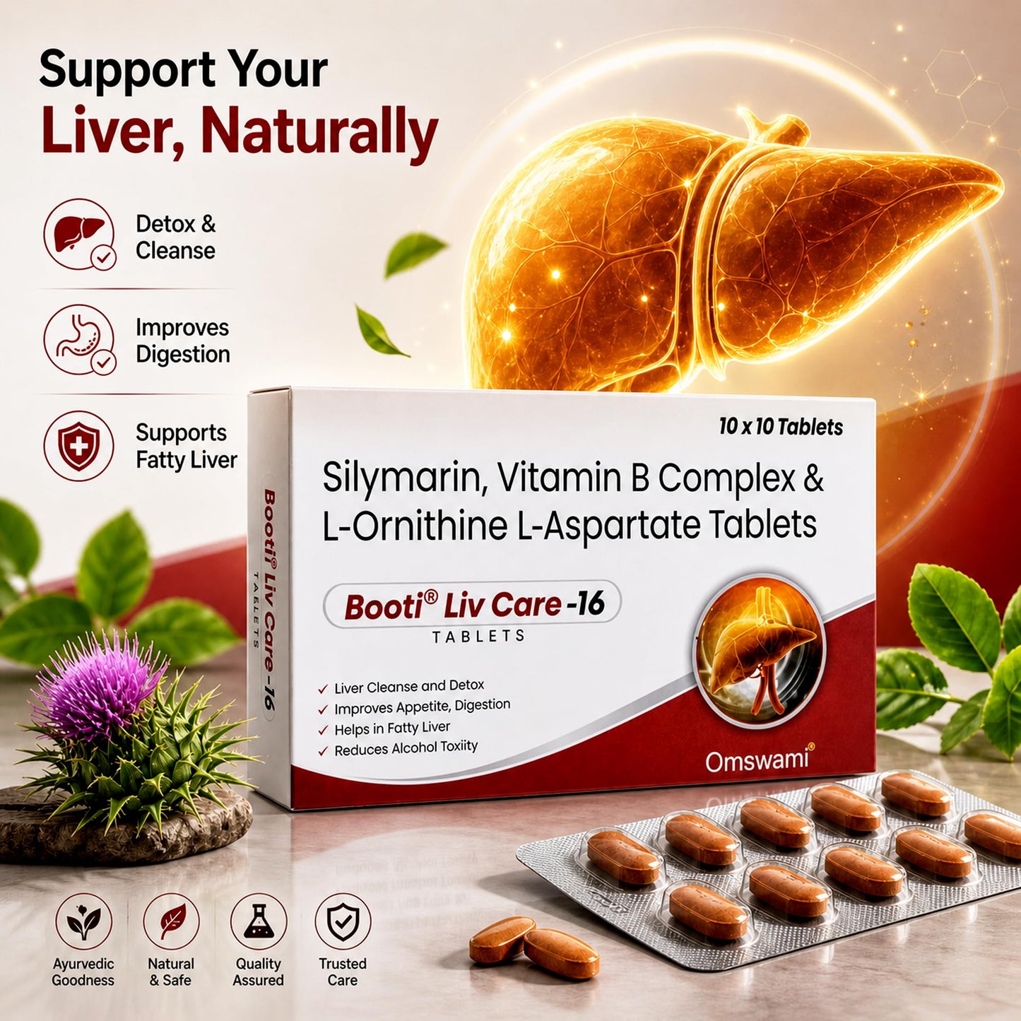 Om Swami Booti Liv Care-16 Tablets(Pack of 4) Silymarin, Vitamin B Complex & L-Ornithine L-Aspartate, Liver Cleanse and Detox, (10 Tablet in 1 pack).