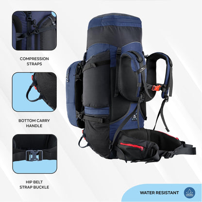 TRAWOC GLOBETROTTER 80 Liter (70+10) Internal Metal & Fiber Frame Rucksack Bag for Men & Women Trekking, Hiking Travel Backpack with Detachable Daypack, Rain Cover and Shoe Compartment, Navy Blue
