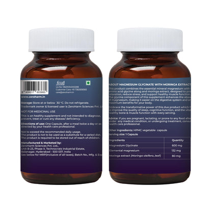 ZEROHARM Magnesium Glycinate with Moringa - High Absorption Nano Magnesium Supplement for Sleep, Stress Relief & Muscle Relaxation - 120 Veg Capsules - Plant-Based High Strength 1360mg for Men & Women