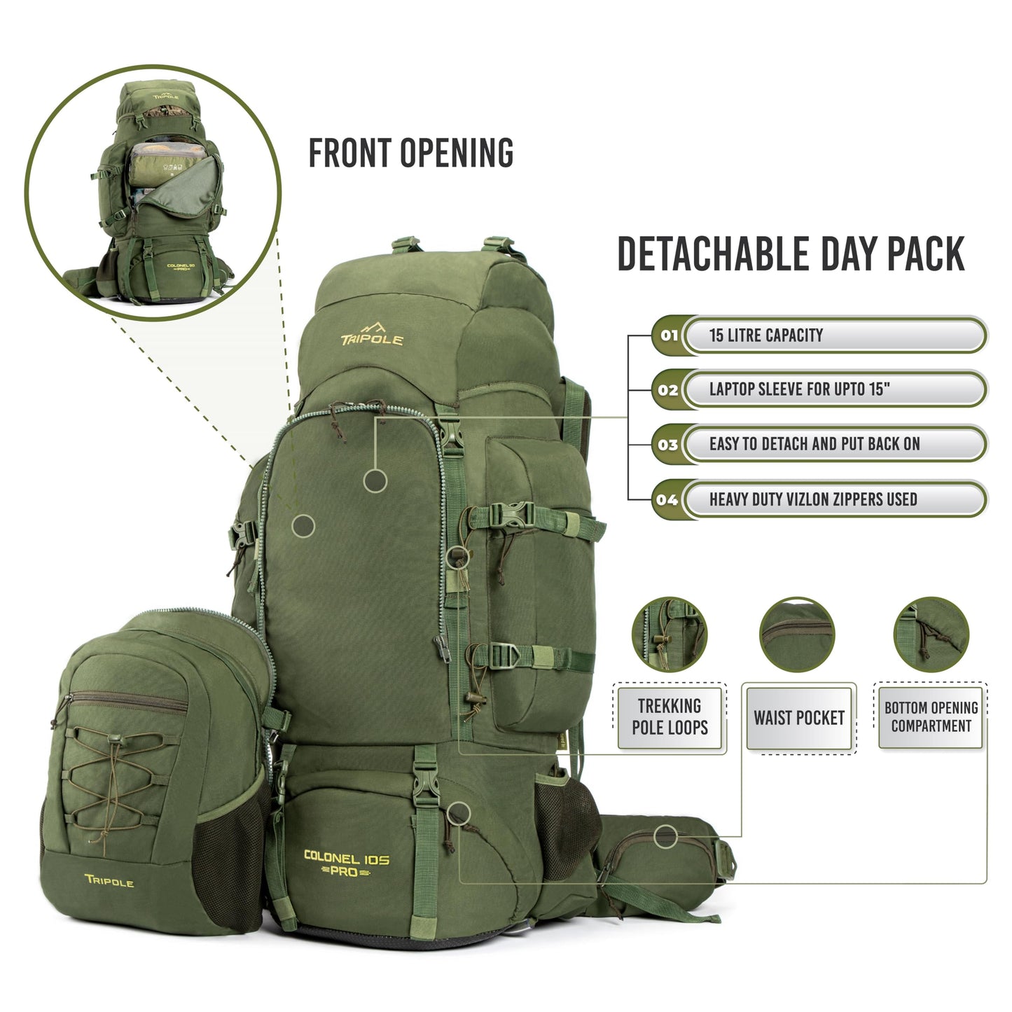 TRIPOLE Colonel Pro Metal Frame Rucksack with Detachable Day Pack and Rain Cover for Trekking and Travelling | 5 Year Warranty