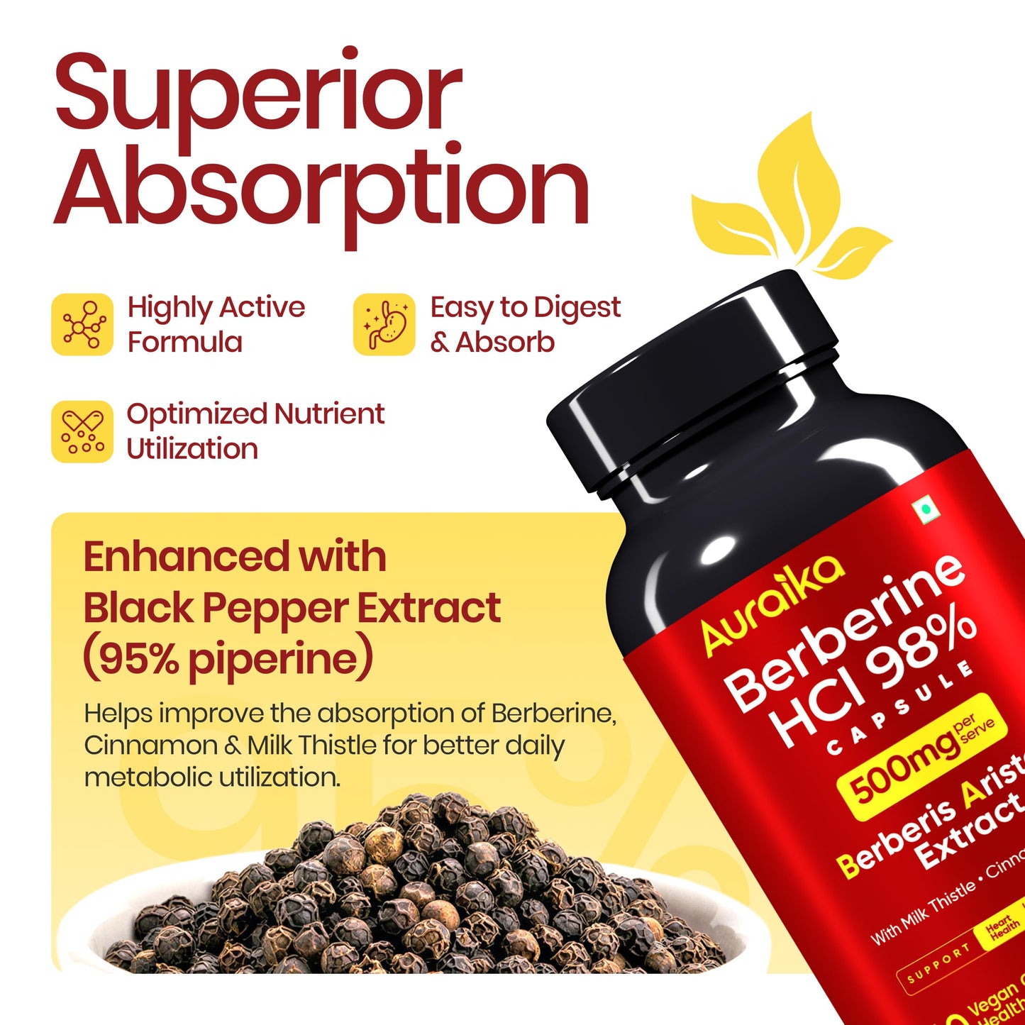 Auraika Berberine HCl 500mg Capsules | Berberine Supplement with Milk Thistle, Cinnamon & Black Pepper Extract | Supports Healthy Blood Sugar Levels, Liver Function & Weight Management | 60 Vegan Capsules