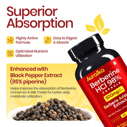 Auraika Berberine HCl 500mg Capsules | Berberine Supplement with Milk Thistle, Cinnamon & Black Pepper Extract | Supports Healthy Blood Sugar Levels, Liver Function & Weight Management | 60 Vegan Capsules
