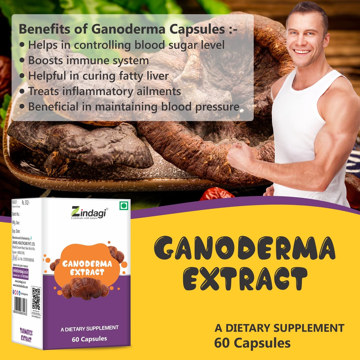 Zindagi Ganoderma Pure Extract Capsules - Helpful In Weight Management - Antioxidants For Healthy Body (60 Capsules)